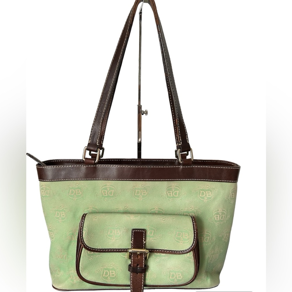 Vintage Dooney & Bourke Shoulder Tote Bag Green Canvas Vachetta Leather …
